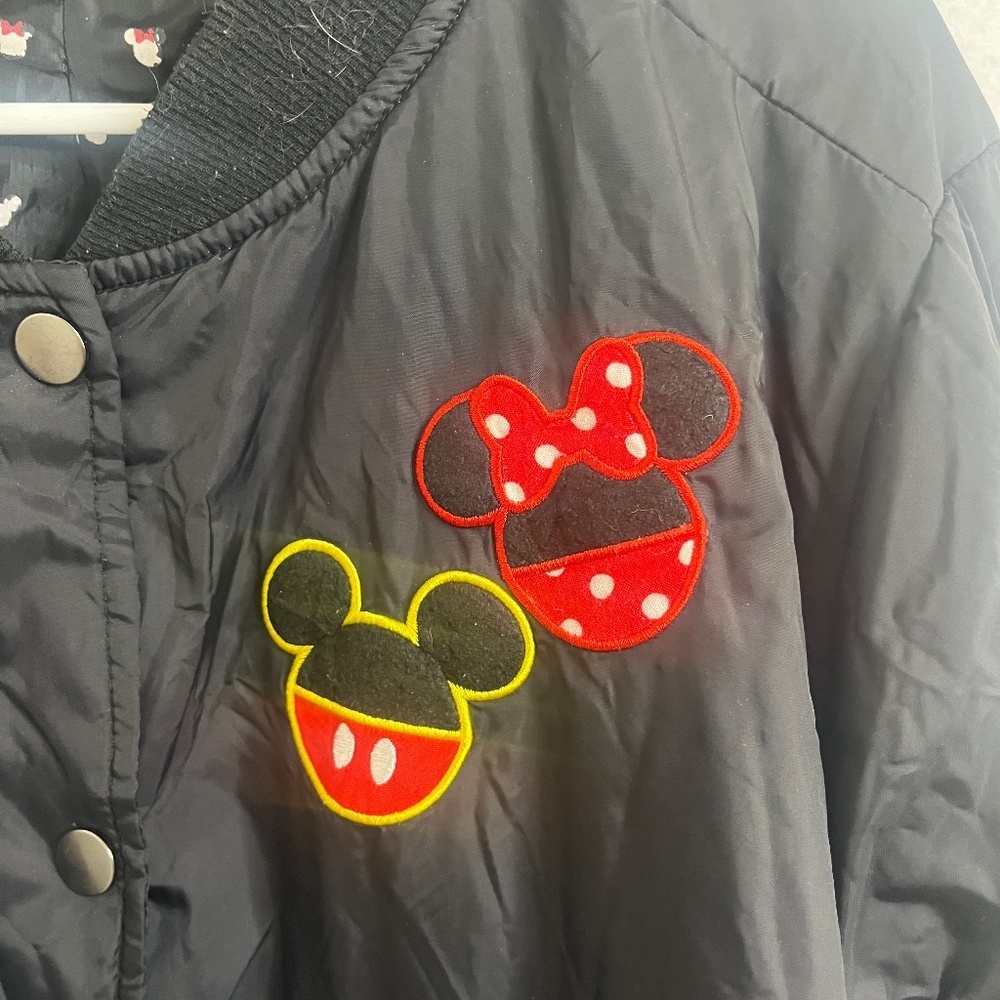 Disney Mickey & Minnie Varsity Bomber Jacket Black Snap Button Patch Coat - Picture 6 of 11